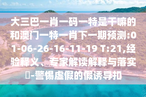 大三巴一肖一碼一特是干嘛的和澳門一特一肖下一期預(yù)測(cè):01-06-26-16-11-19 T:21,經(jīng)驗(yàn)釋義、專家解讀解釋與落實(shí)?-警惕虛假的假誘導(dǎo)扣